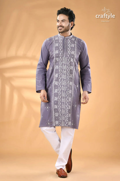 Cool grey kantha work men’s cotton kurta men’s grey embroidered kurta white 2