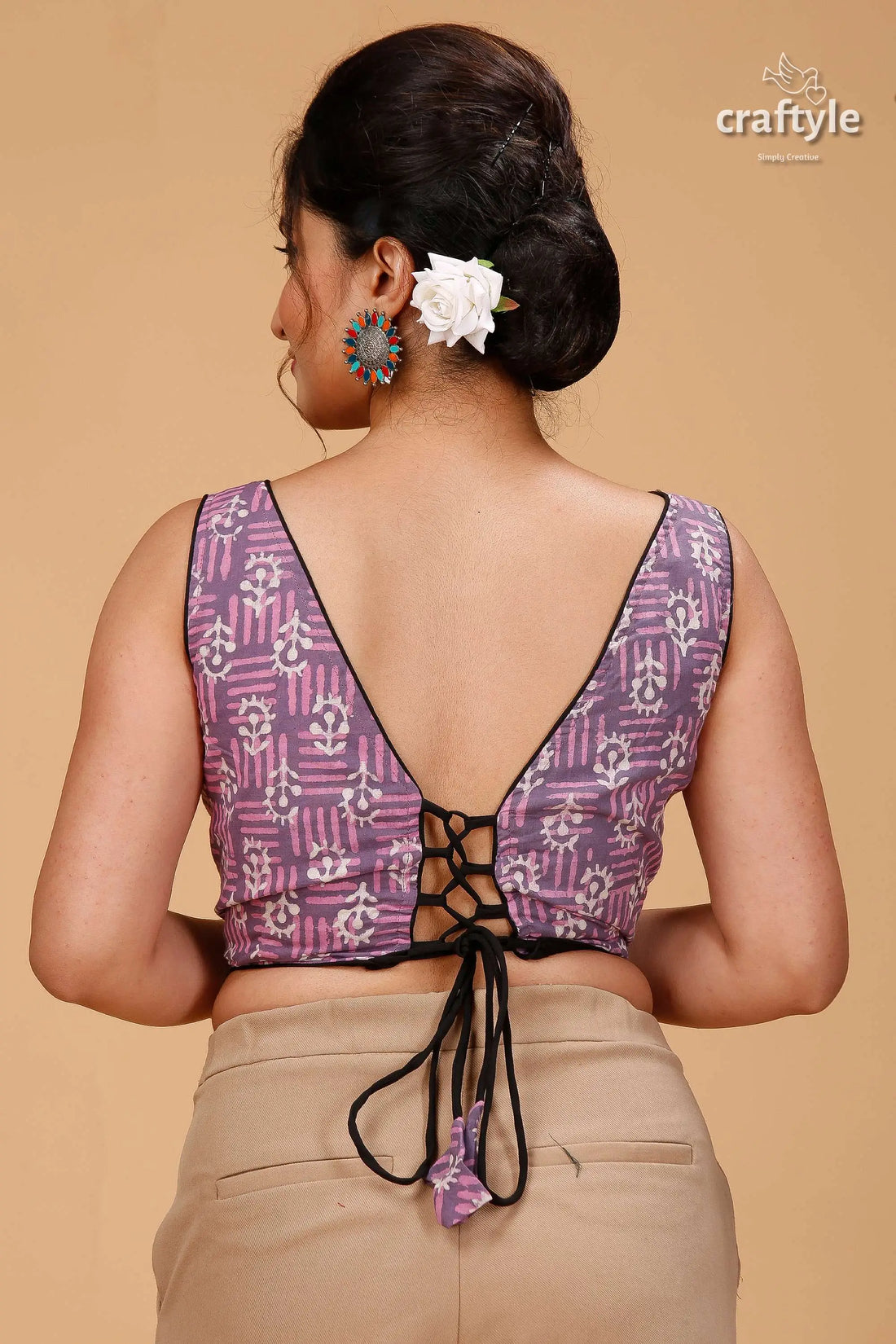 Cool grey & pink dabu print blouse - pure cotton woman’s purple patterned sleeveless deep 2