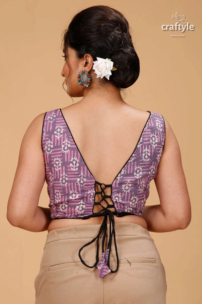 Cool grey &amp; pink dabu print blouse - pure cotton woman’s purple patterned sleeveless deep 2