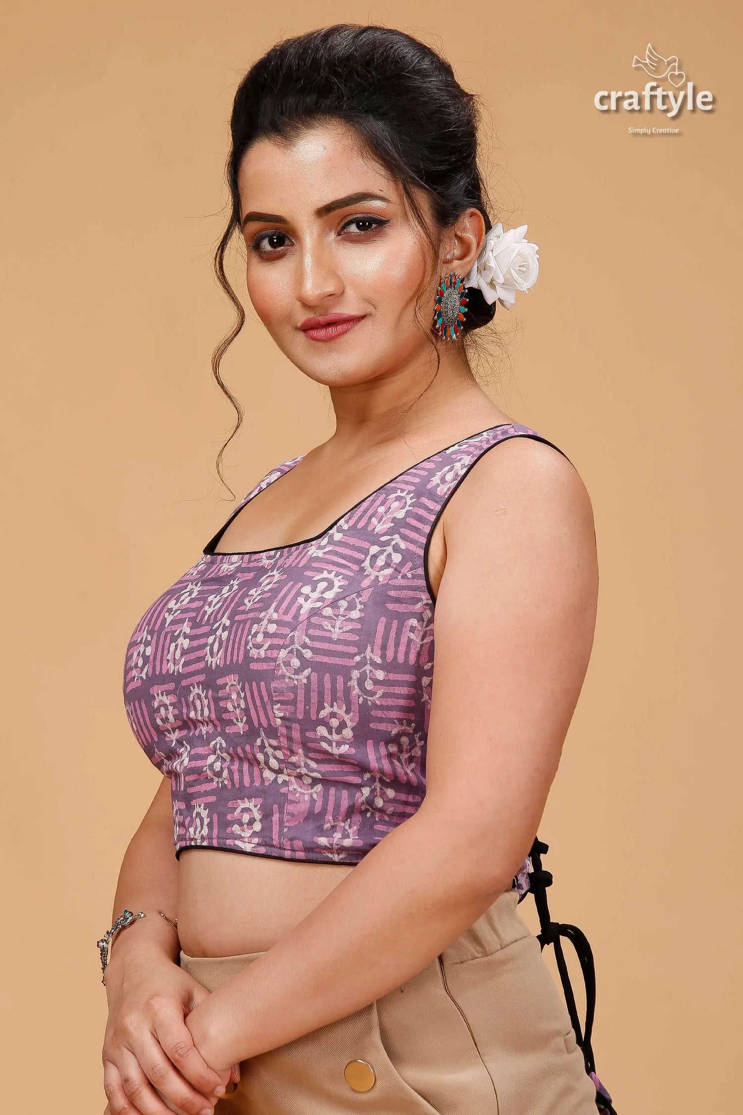 Cool grey &amp; pink dabu print blouse - pure cotton woman sleeveless purple patterned crop 3