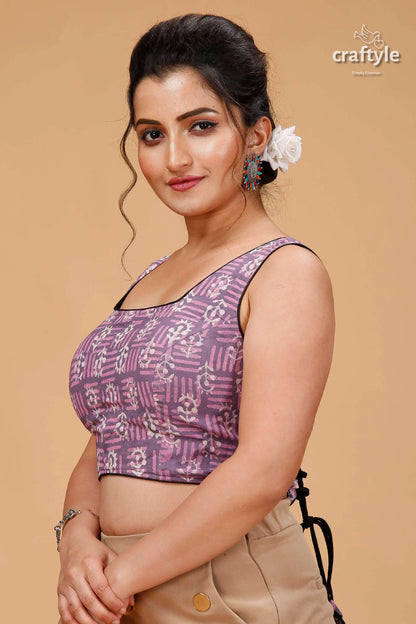 Cool grey &amp; pink dabu print blouse - pure cotton woman sleeveless purple patterned crop 3