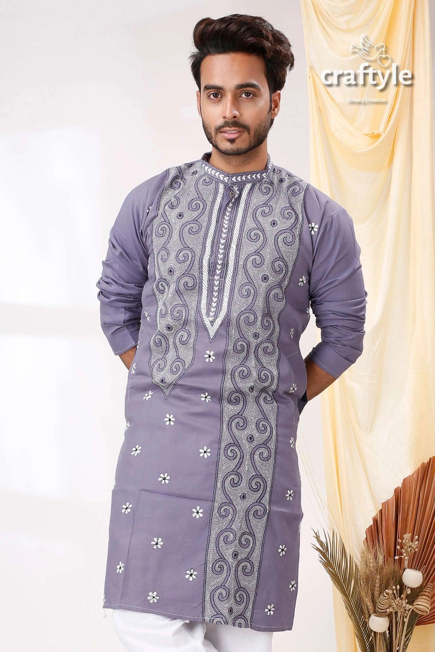 Cool grey white thread work kantha stitch cotton panjabi for men purple embroidered kurta intricate 2