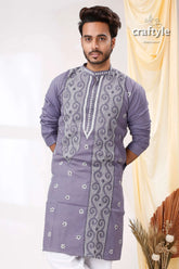Cool grey white thread work kantha stitch cotton panjabi for men purple embroidered kurta intricate 2