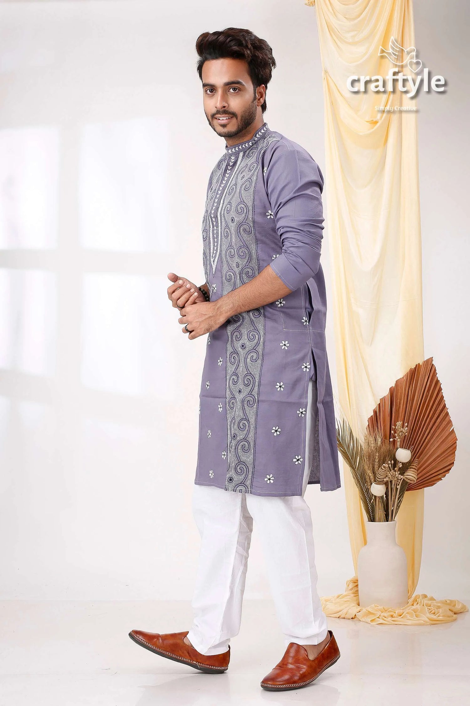 Cool grey white thread work kantha stitch cotton panjabi for men lavender-colored kurta intricate silver embroidery 4