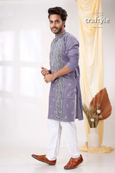 Cool grey white thread work kantha stitch cotton panjabi for men lavender-colored kurta intricate silver embroidery 4