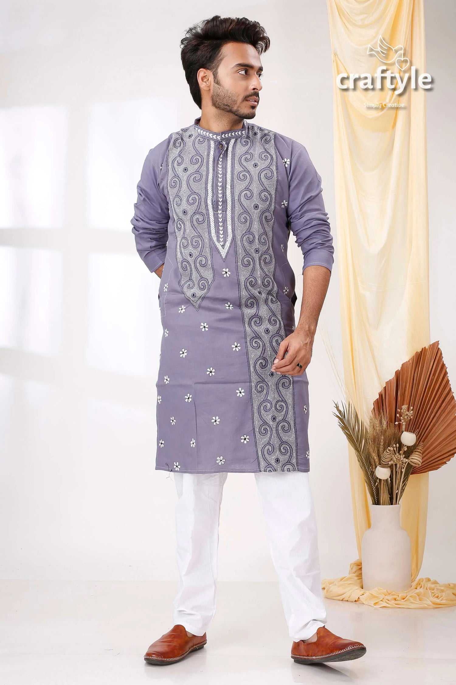 Cool grey white thread work kantha stitch cotton panjabi for men man lavender-colored kurta intricate 3