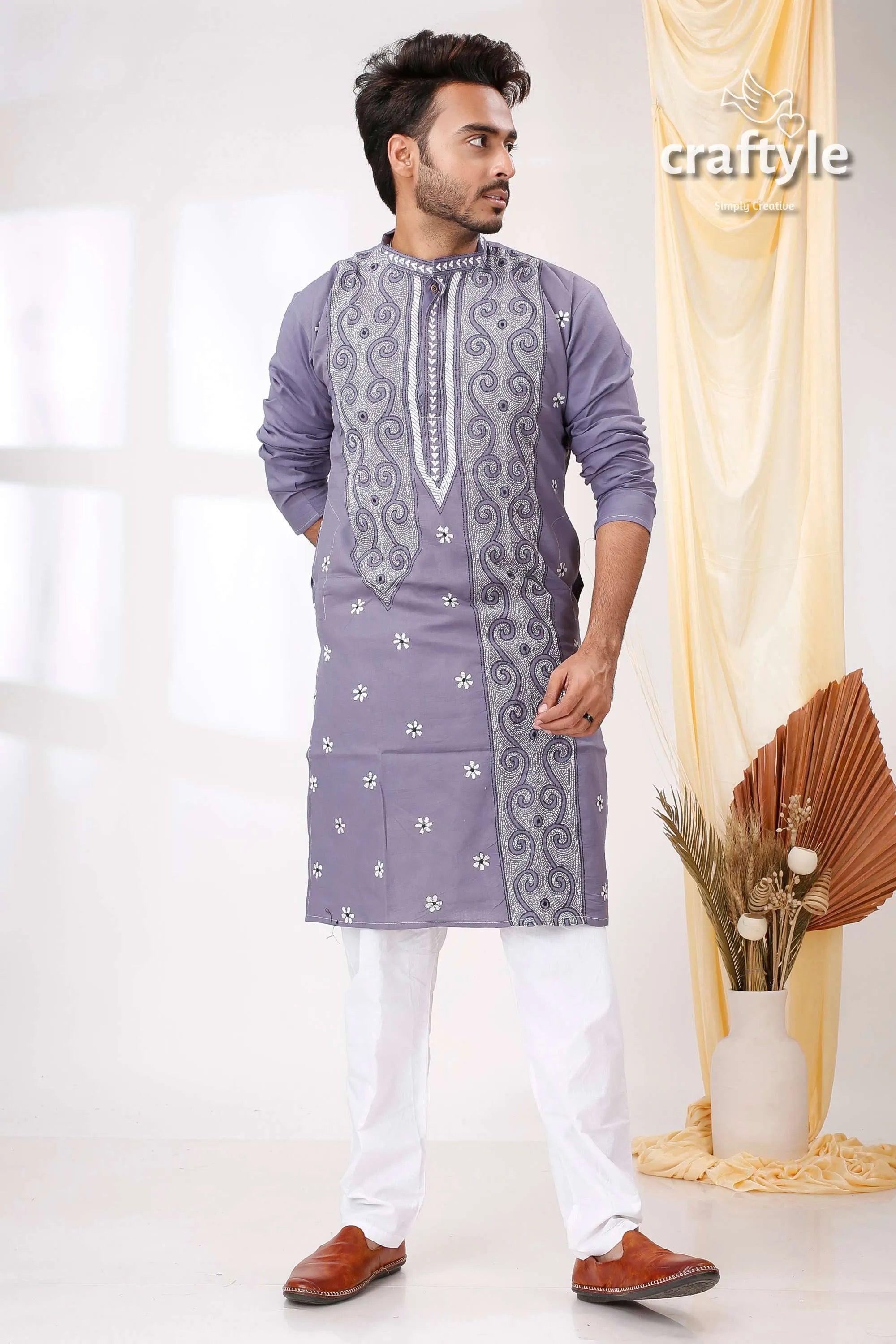 Cool grey white thread work kantha stitch cotton panjabi for men man lavender-colored kurta intricate 3