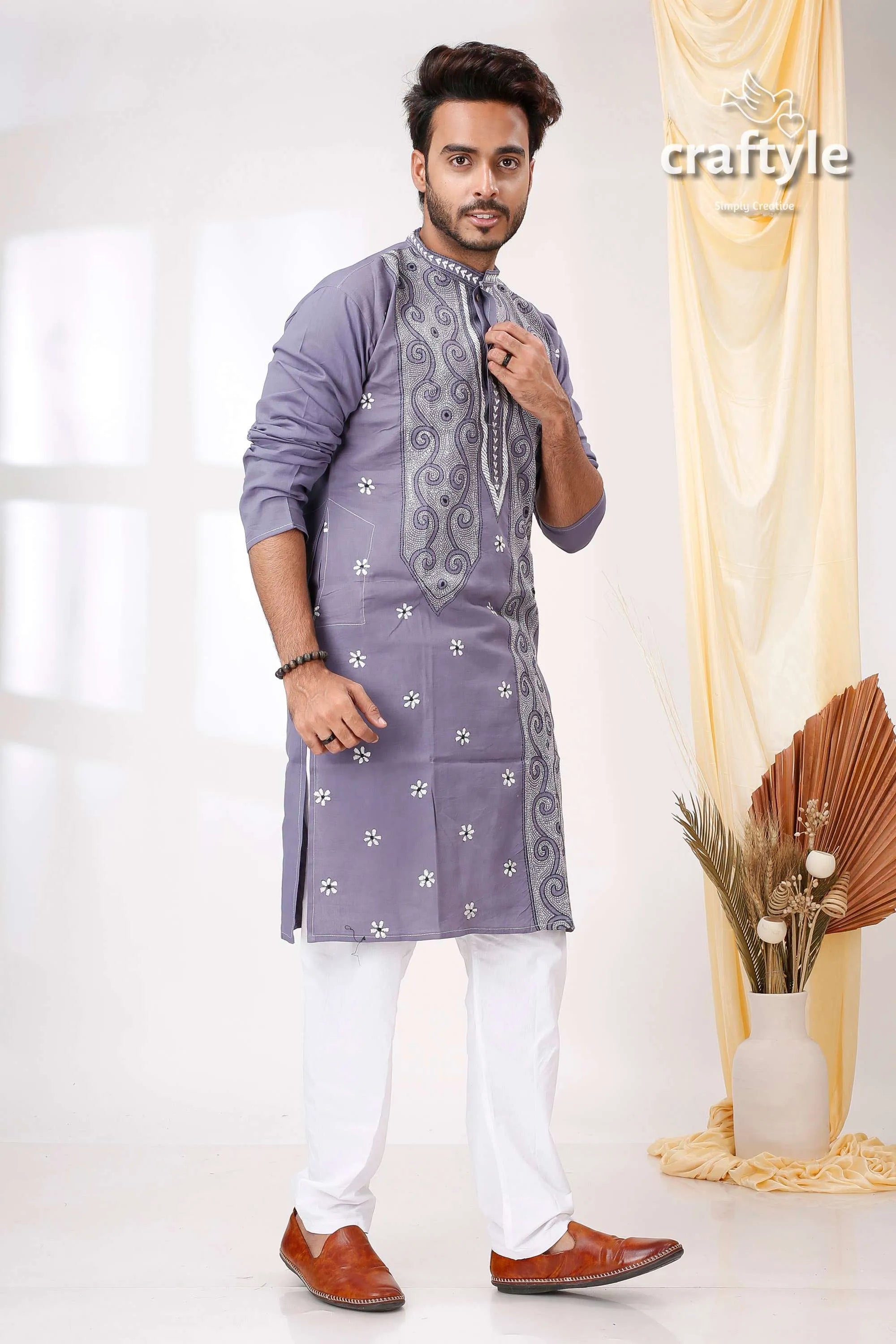 Cool grey white thread work kantha stitch cotton panjabi for men man lavender-colored kurta intricate silver 1