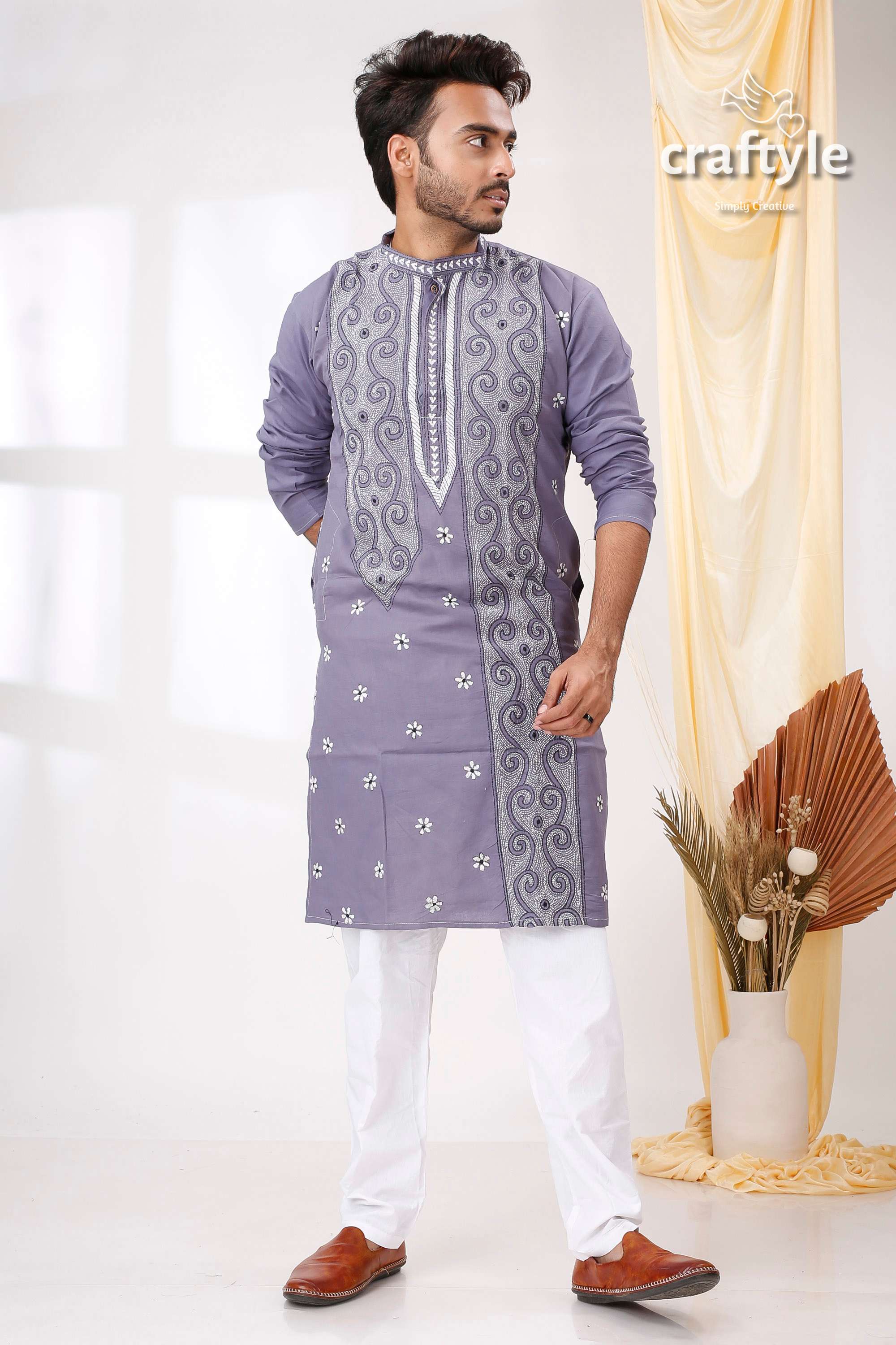 Cool Grey White Thread Work Kantha Stitch Cotton Panjabi for Men - Craftyle