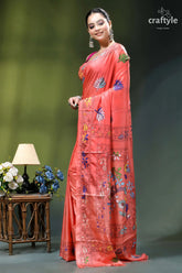 Coral pink bird motif designer silk kantha stitch saree coral-colored silk saree adorned intricate 3