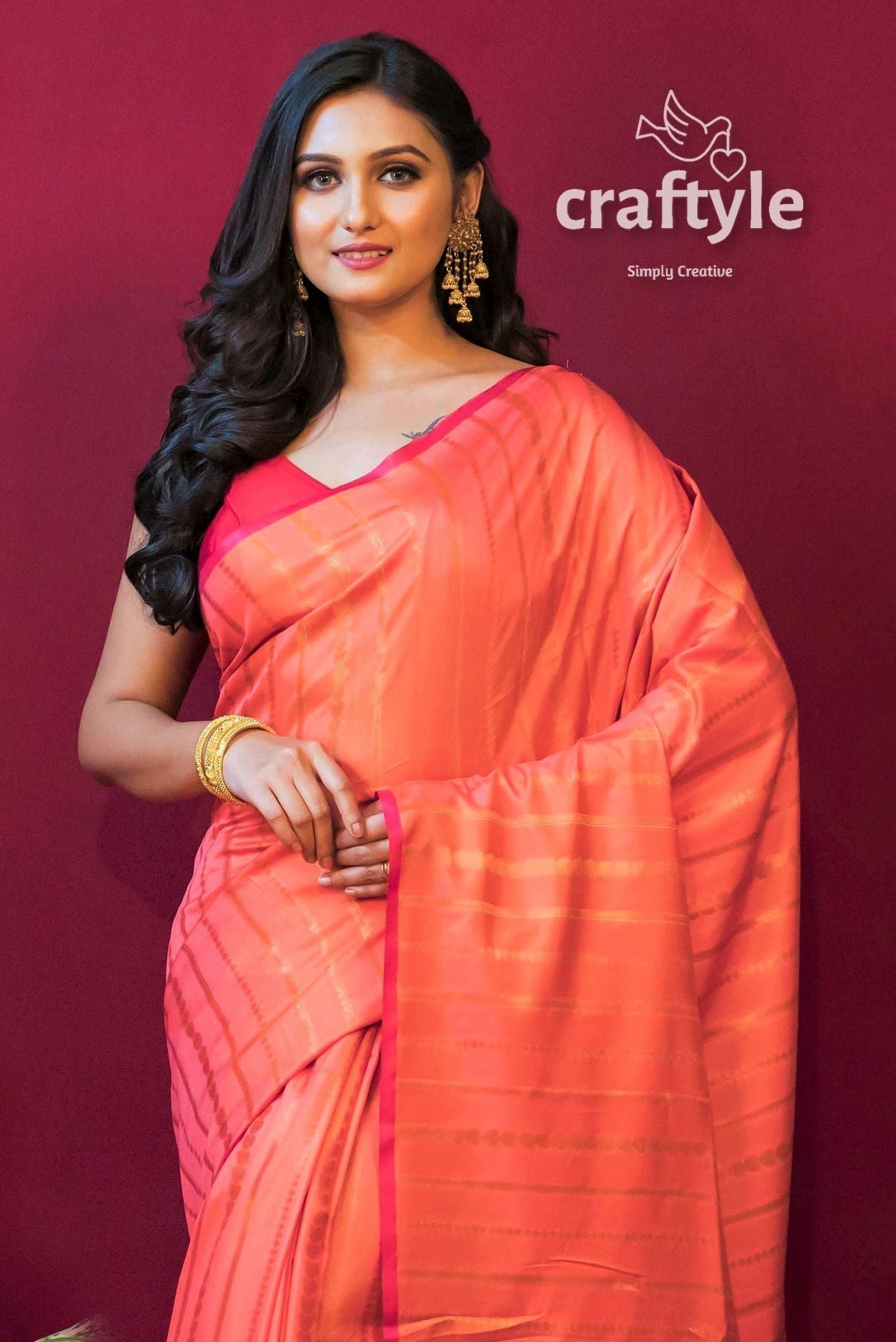 Coral Pink Semi Silk Paithani Saree for Women - Craftyle