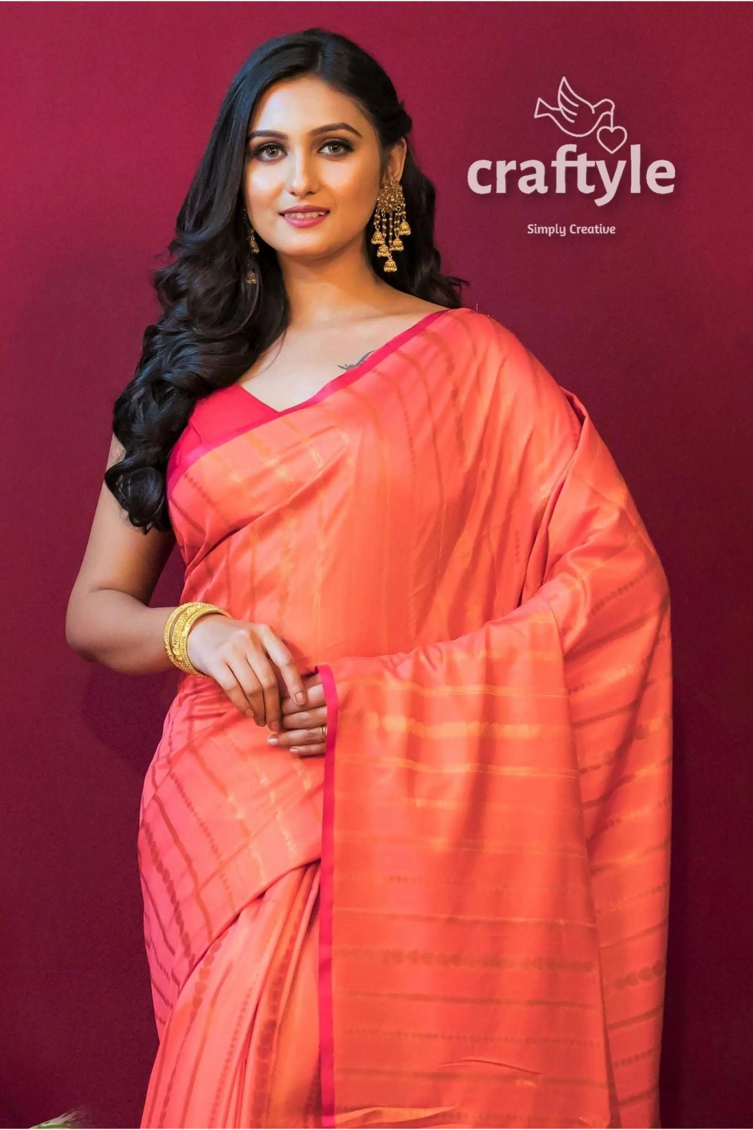 Coral pink semi silk paithani saree for women peach-colored saree gold jewelry 2