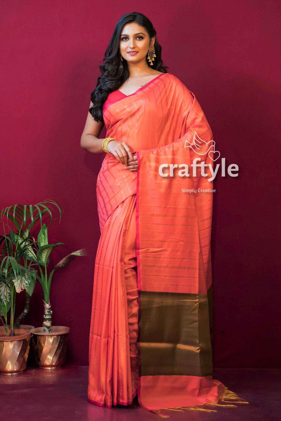 Coral Pink Semi Silk Paithani Saree for Women - Craftyle