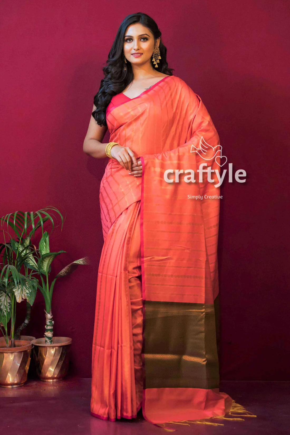 Coral pink semi silk paithani saree for women woman peach-colored saree 1