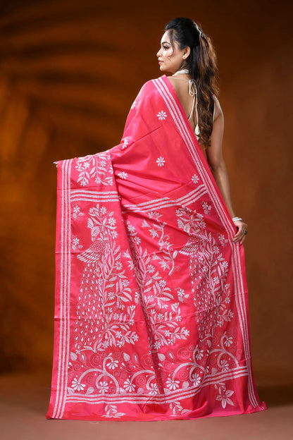 Coral pink silk kantha saree with peacock floral hand embroidery 4