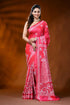 Coral pink silk kantha saree with peacock floral hand embroidery 1