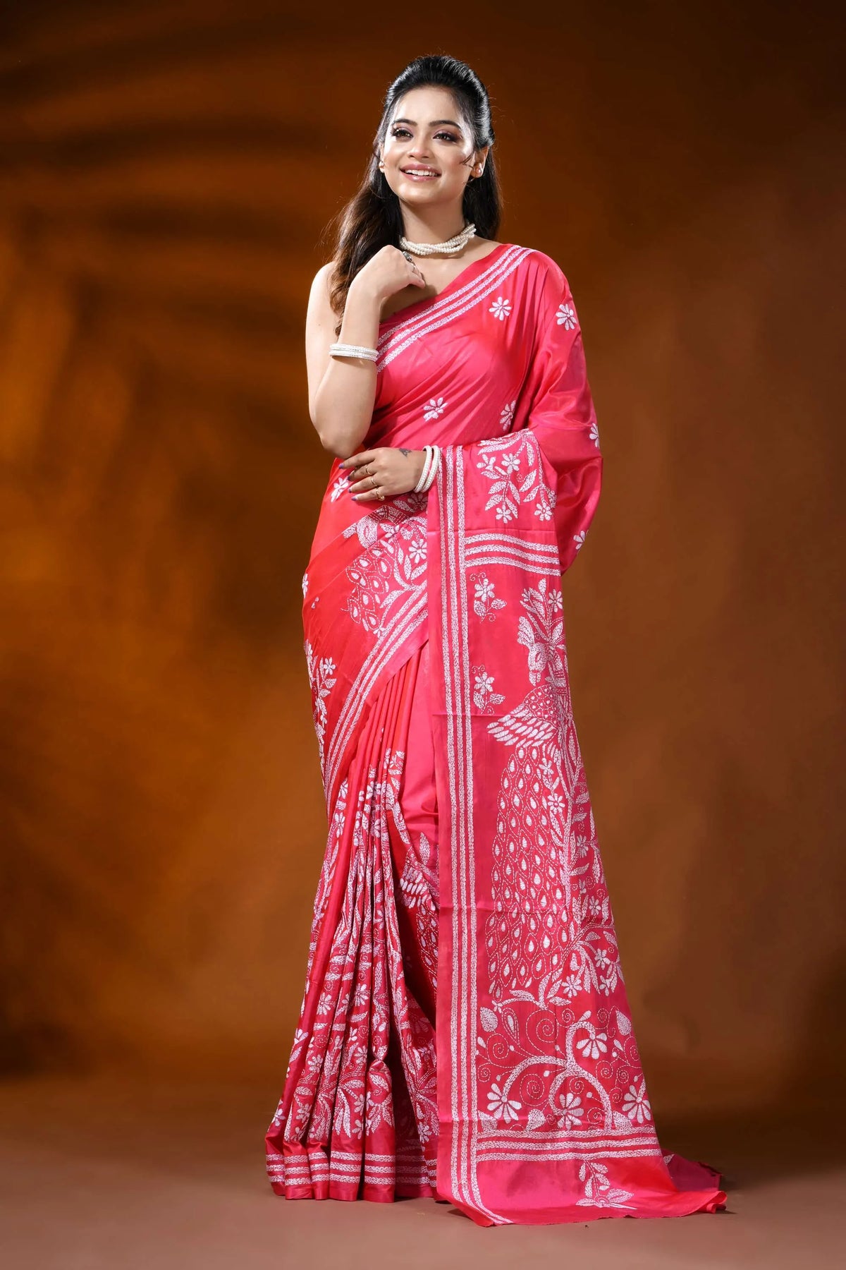 Coral pink silk kantha saree with peacock floral hand embroidery 2