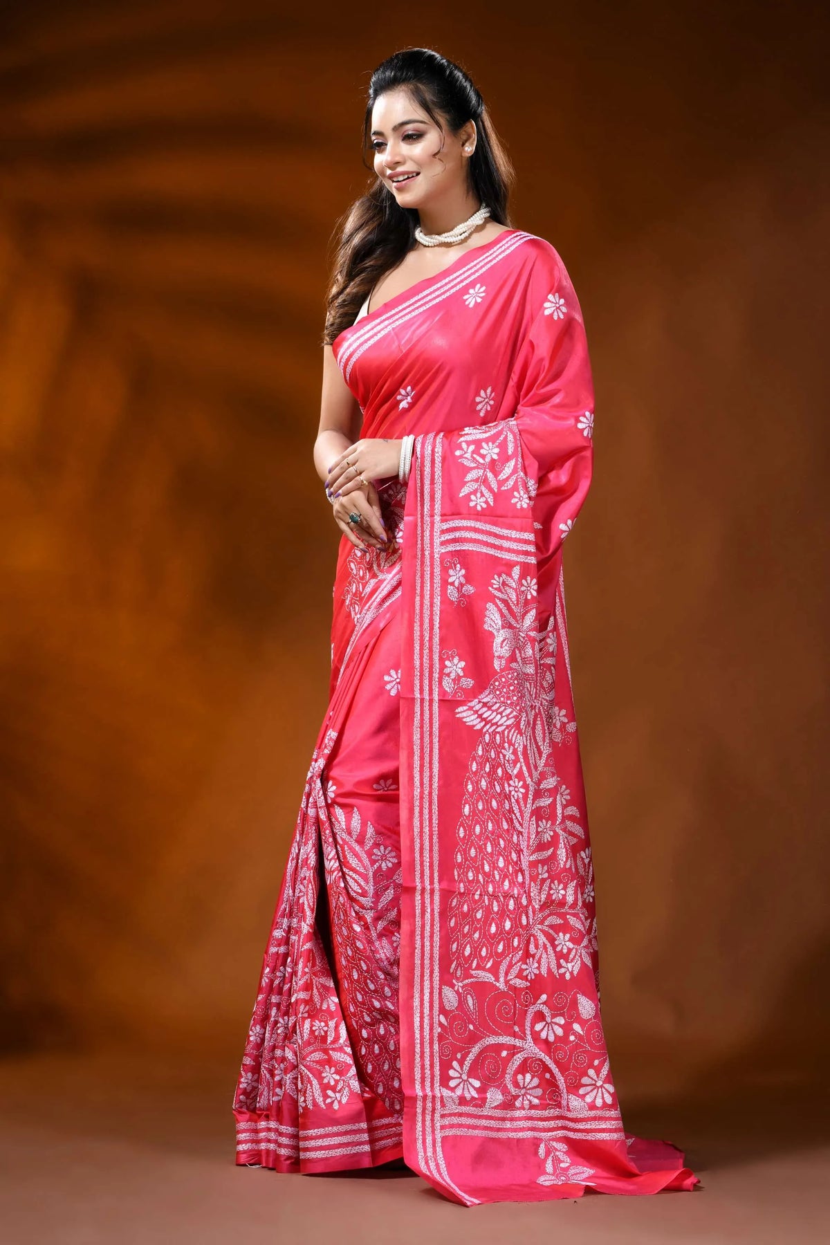 Coral pink silk kantha saree with peacock floral hand embroidery 3
