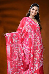 Coral pink silk kantha saree with peacock floral hand embroidery 6