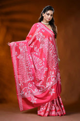 Coral pink silk kantha saree with peacock floral hand embroidery 5