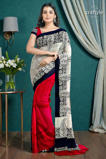 Coral red black hand block print pure mulberry silk saree - indian ethnic wear 2