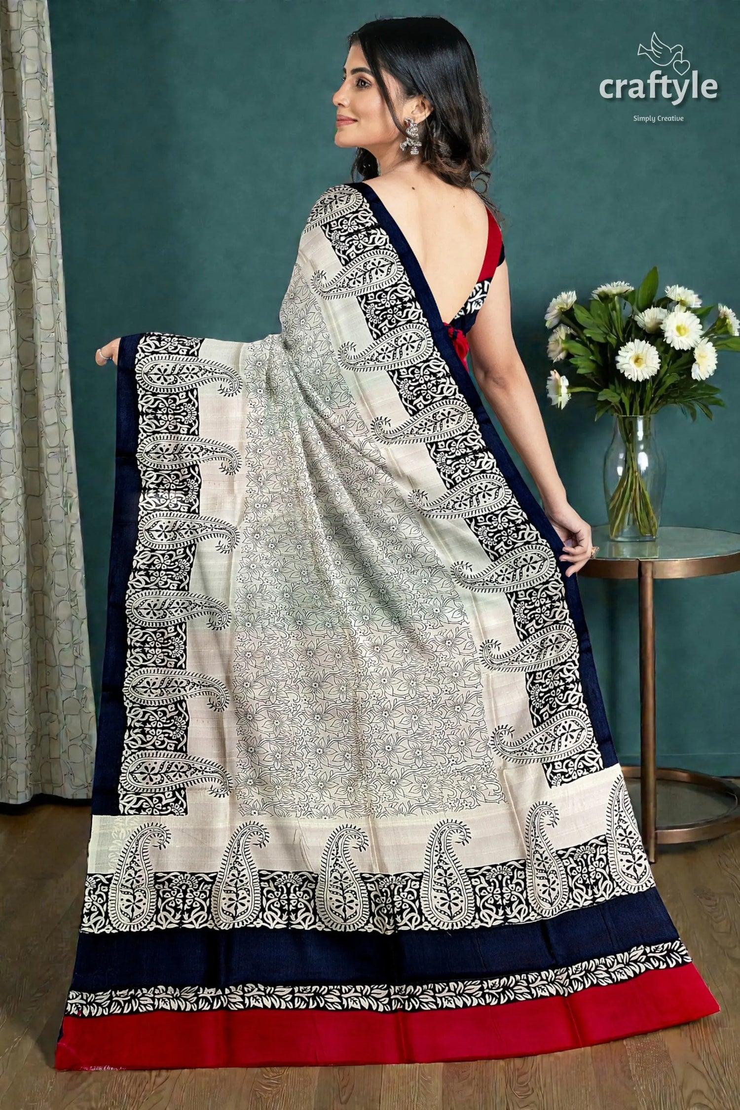 Coral red black hand block print pure mulberry silk saree - indian ethnic wear 4