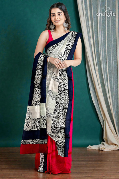 Coral red black hand block print pure mulberry silk saree - indian ethnic wear 1