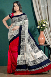 Coral red black hand block print pure mulberry silk saree - indian ethnic wear 3