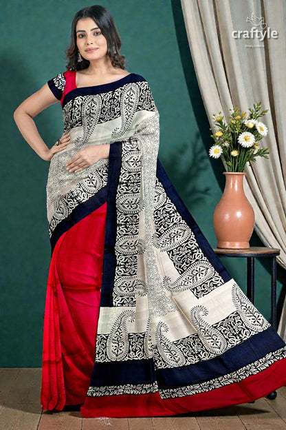Coral red black hand block print pure mulberry silk saree - indian ethnic wear 3