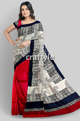 Coral Red Black Hand Block Print Pure Mulberry Silk Saree - Indian Ethnic Wear - Craftyle
