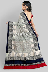 Coral Red Black Hand Block Print Pure Mulberry Silk Saree - Indian Ethnic Wear - Craftyle