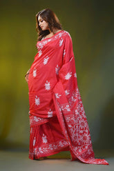Coral red handcrafted silk kantha stitch saree - floral design 4