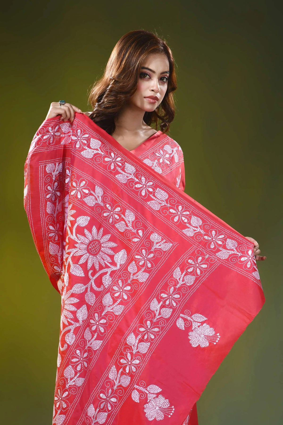 Coral red handcrafted silk kantha stitch saree - floral design 2