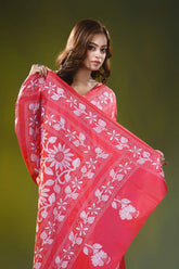 Coral red handcrafted silk kantha stitch saree - floral design 2