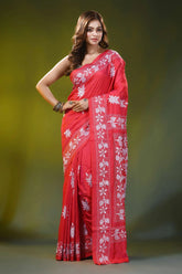 Coral red handcrafted silk kantha stitch saree - floral design 7