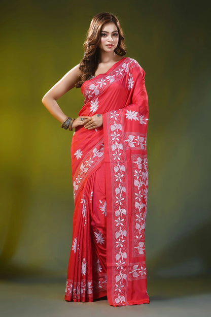 Coral red handcrafted silk kantha stitch saree - floral design 7