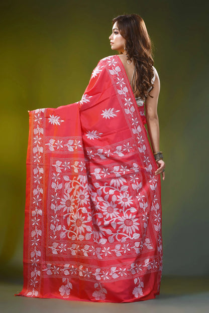 Coral red handcrafted silk kantha stitch saree - floral design 5