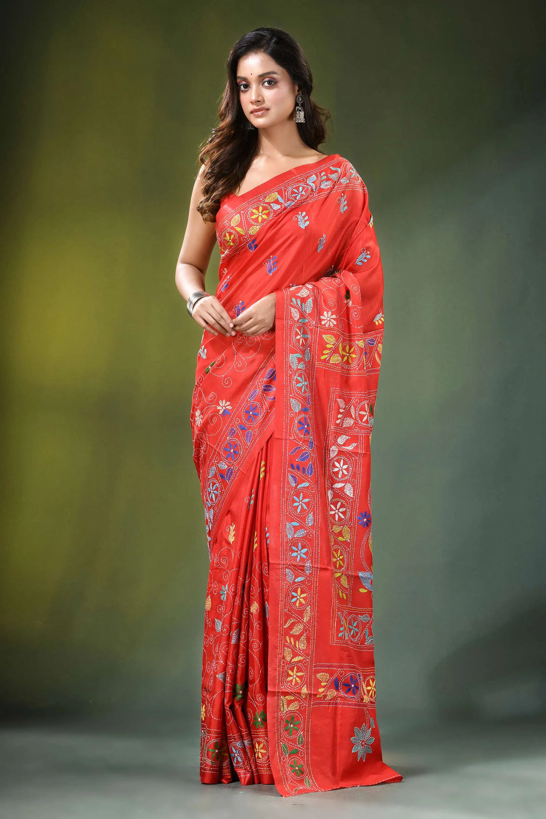 Coral red multicolor floral kantha stitch silk saree - handmade vibrant adorned 1