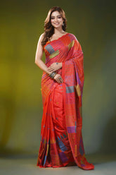 Coral red silk kantha work saree with geometric patchwork motif 1