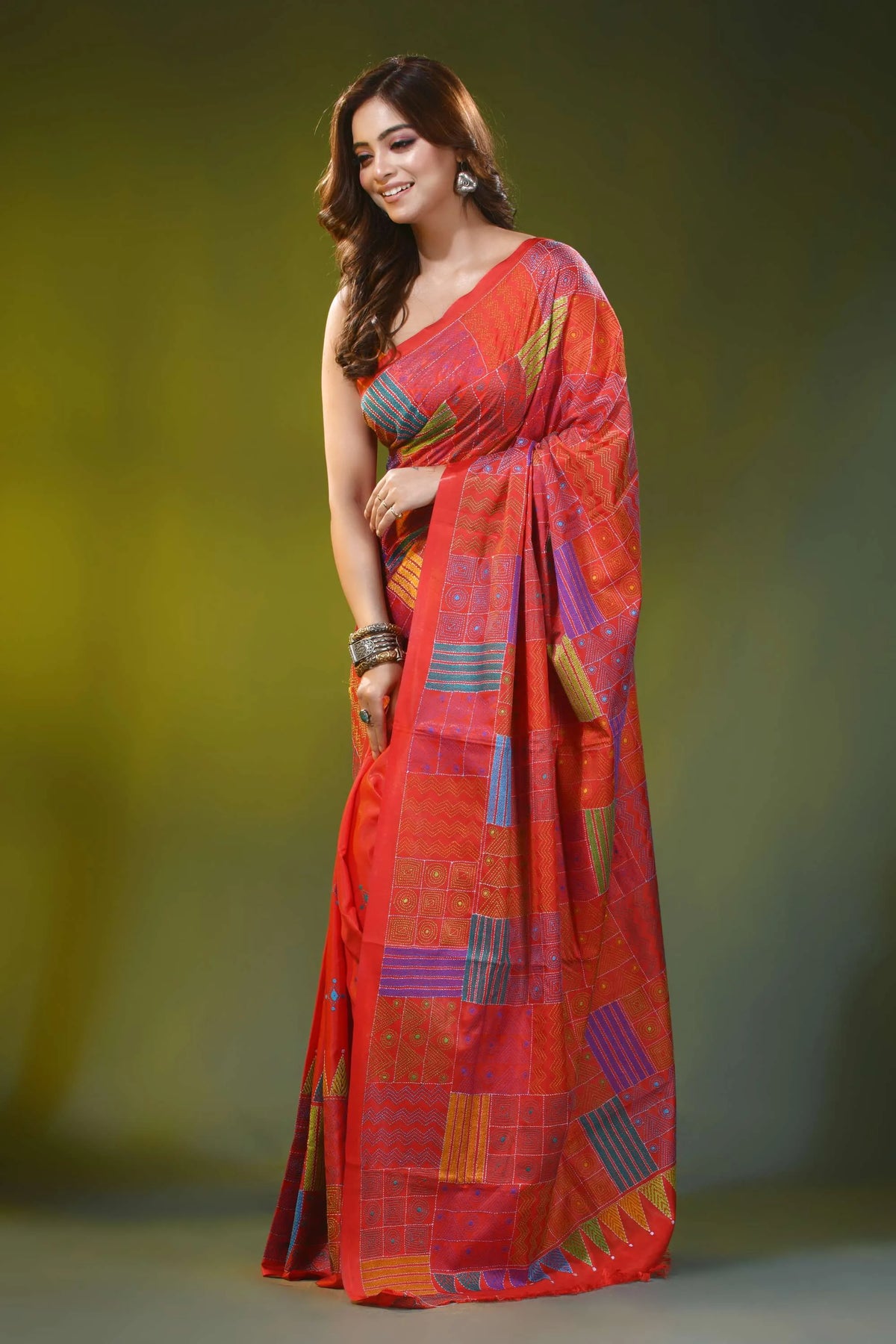 Coral red silk kantha work saree with geometric patchwork motif 3
