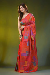 Coral red silk kantha work saree with geometric patchwork motif 3