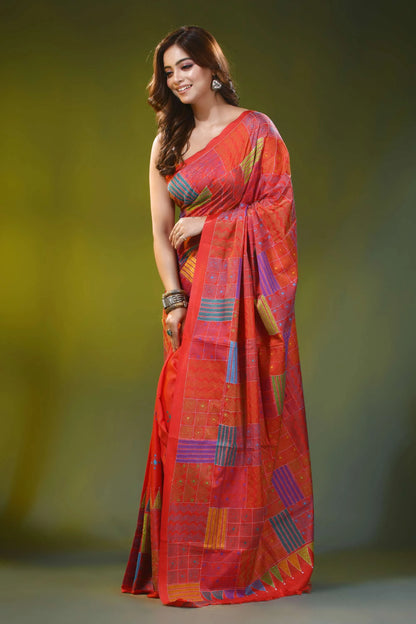 Coral red silk kantha work saree with geometric patchwork motif 3