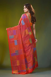 Coral red silk kantha work saree with geometric patchwork motif 5
