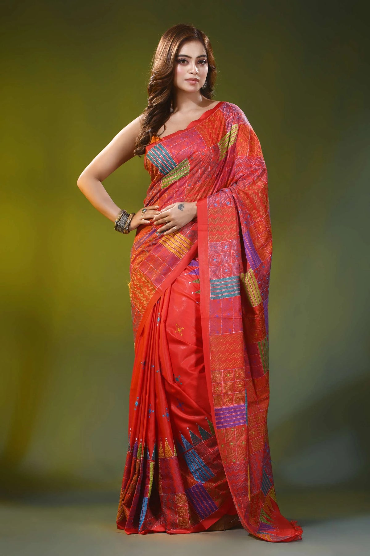 Coral red silk kantha work saree with geometric patchwork motif 6