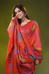 Coral red silk kantha work saree with geometric patchwork motif 2