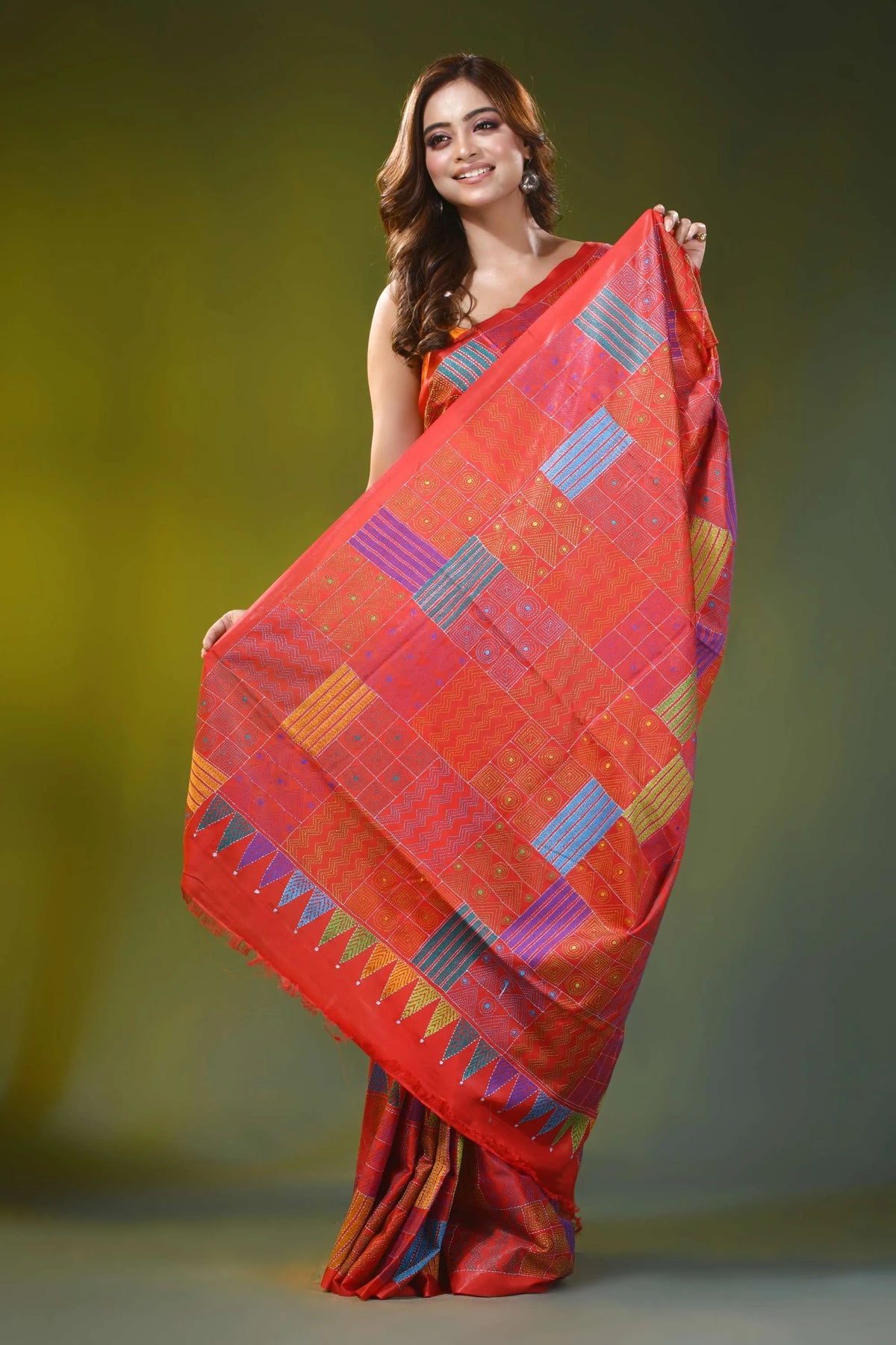 Coral red silk kantha work saree with geometric patchwork motif 4