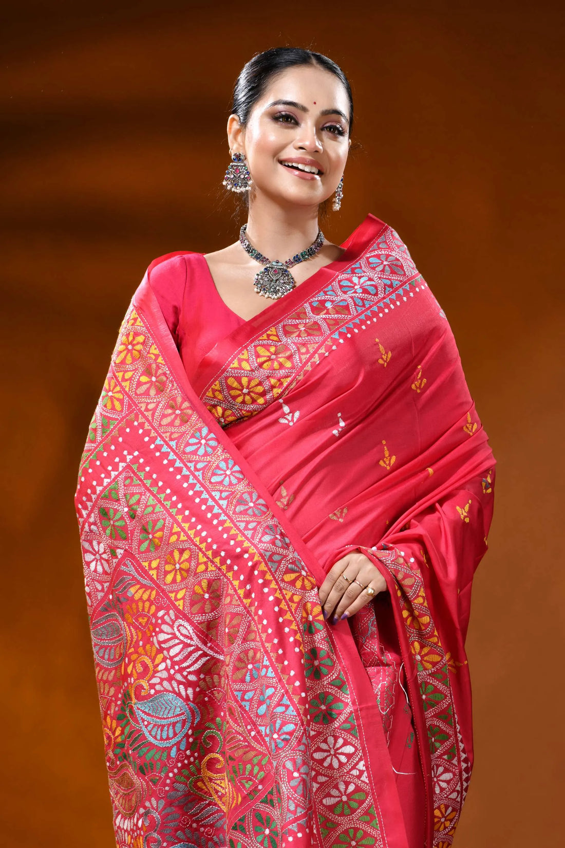 Coral red silk kantha work saree with multicolor paisley ethnic design 2