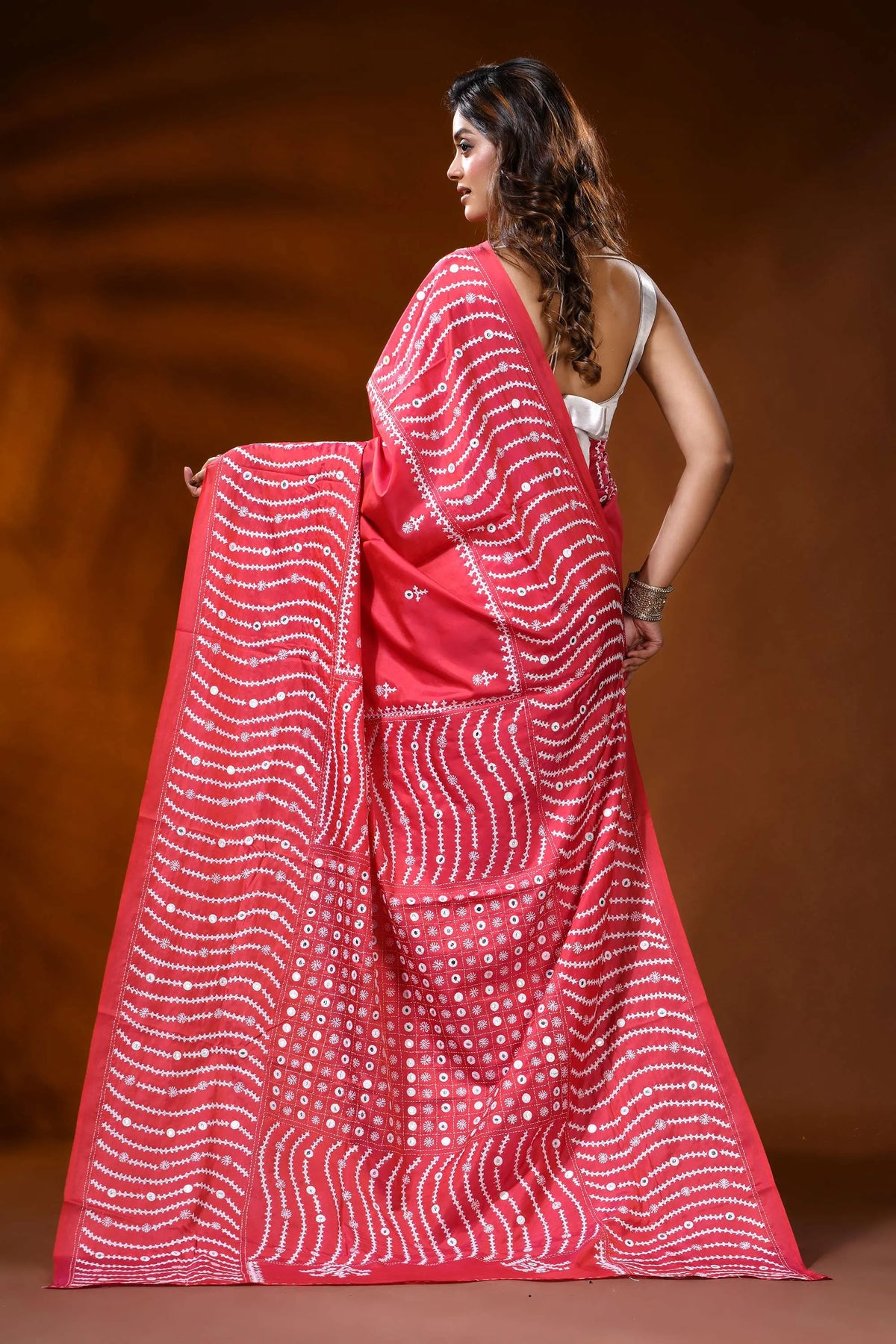 Coral red silk saree with wavy kutch embroidery design - mirror work 5