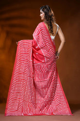 Coral red silk saree with wavy kutch embroidery design - mirror work 5