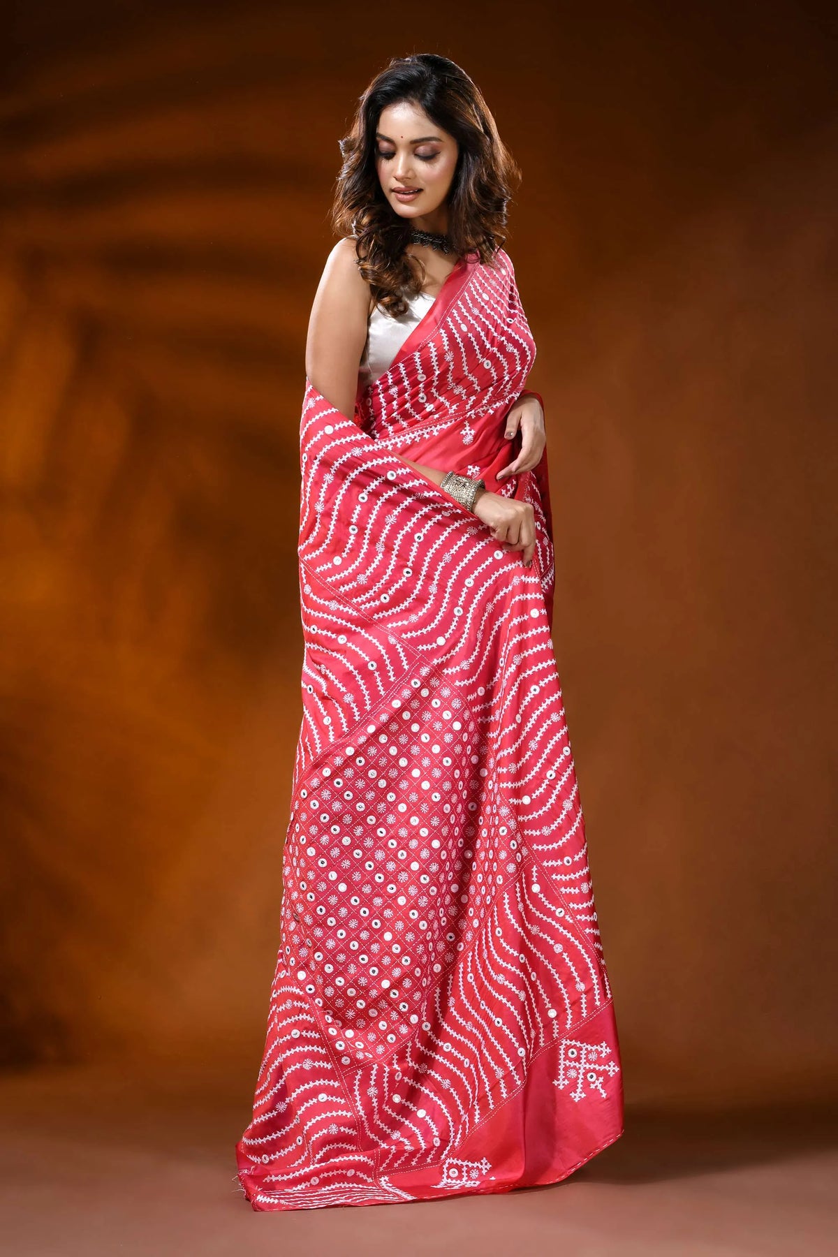 Coral red silk saree with wavy kutch embroidery design - mirror work 4